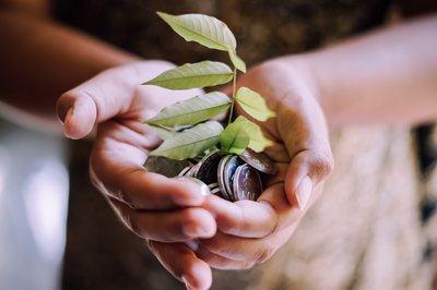 Hands holding coins with green plant sprouting out of them.